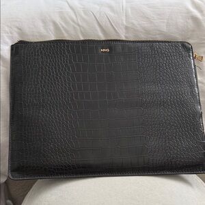 Mango Black Croc-Embossed Laptop Folio with Gold Zip